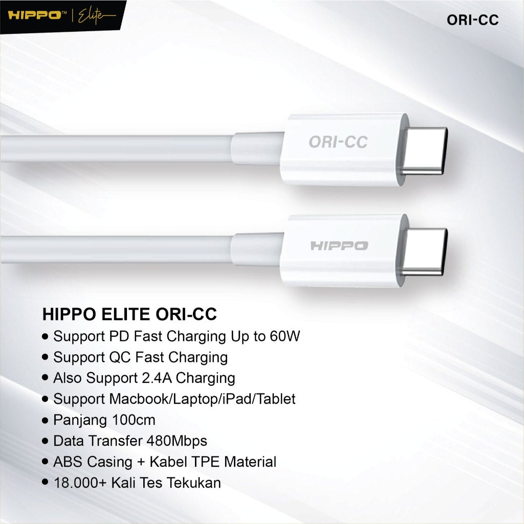 Hippo Elite Cable CC Original 100 CM 60W C TO C  White Suport Super Fast Charging 2