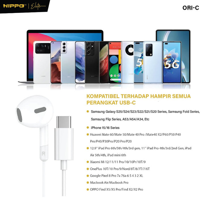 Hippo Elite Earphone Wired ORI-C Satuan Android Pad Earphone Headset Type-C Smart Button 2