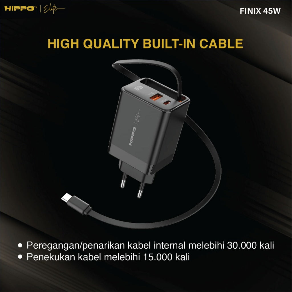 Hippo Elite Adaptor Finix Gan 45 Watt Pd Usb A Usb C Built In Cable Kepala Charger Casan Adapter Power Deliver 3