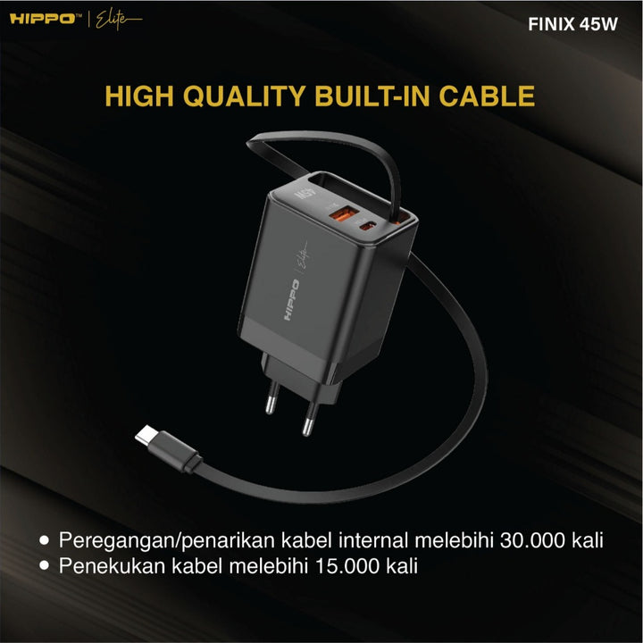Hippo Elite Adaptor Finix Gan 45 Watt Pd Usb A Usb C Built In Cable Kepala Charger Casan Adapter Power Deliver 3