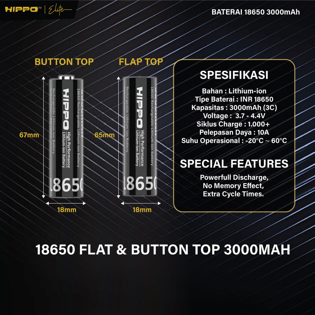 Hippo Baterai Cas 18650 Flat Top &amp; Button Top 3000 Mah 10A Garansi Resmi Hippo 9