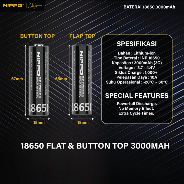 Hippo Baterai Cas 18650 Flat Top &amp; Button Top 3000 Mah 10A Garansi Resmi Hippo 9