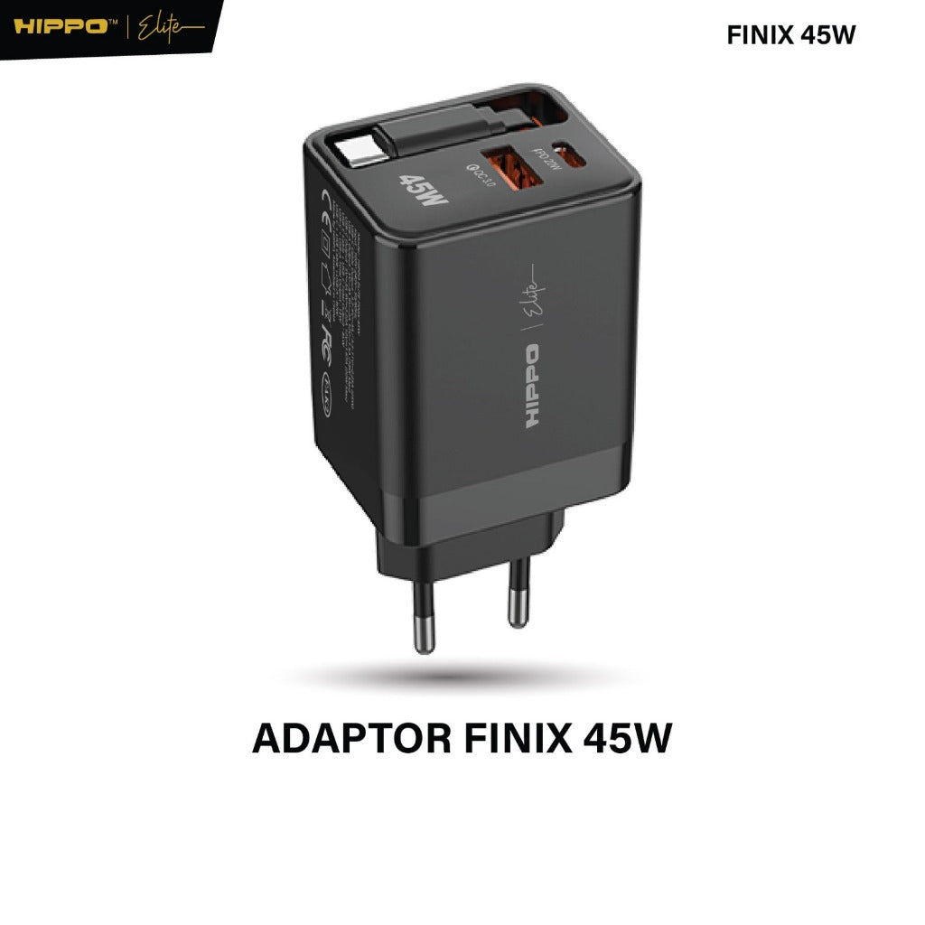 Hippo Elite Adaptor Finix Gan 45 Watt Pd Usb A Usb C Built In Cable Kepala Charger Casan Adapter Power Delivery Super Fa