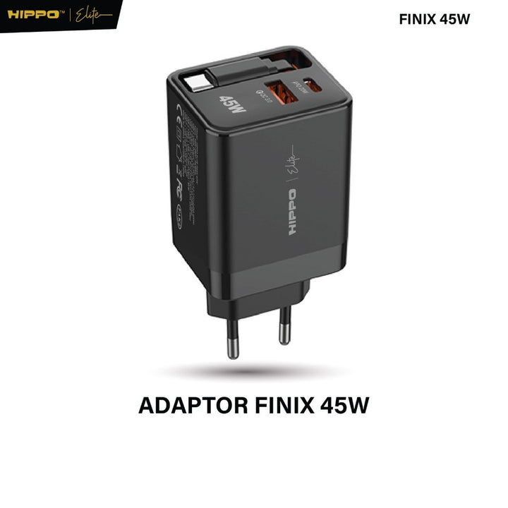 Hippo Elite Adaptor Finix Gan 45 Watt Pd Usb A Usb C Built In Cable Kepala Charger Casan Adapter Power Delivery Super Fa