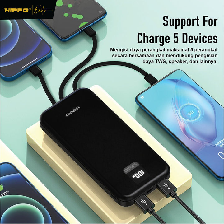 Hippo Powerbank Coral2 10000MAH BLACK Output 2.4A Smart Detect Charger Flight Friendly Power Bank 3