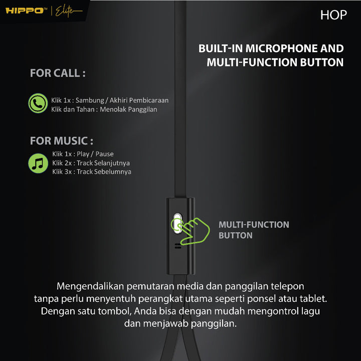 Hippo Earphone Hop Super Bass Jack 3.5 mm Wired Handsfree Android Original Earbuds Headset 5