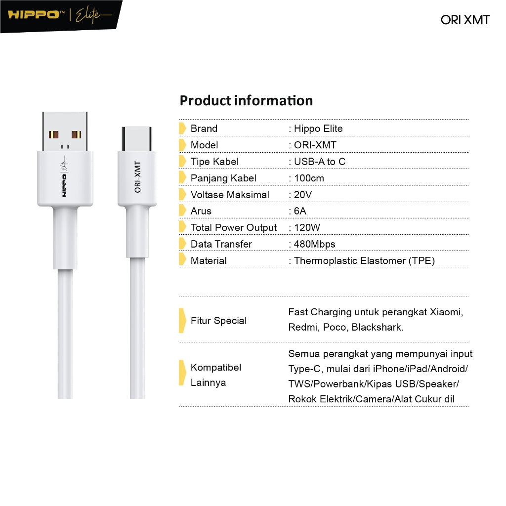 Hippo Elite Cable Xiaomi 120W Turbo Charge HC-XMT White Length 100cm 9