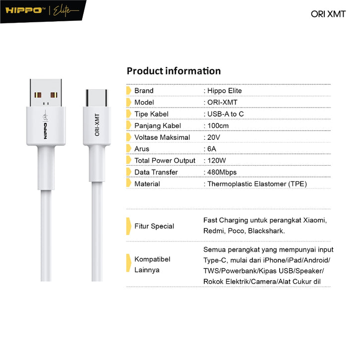 Hippo Elite Cable Xiaomi 120W Turbo Charge HC-XMT White Length 100cm 9