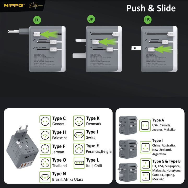 Hippo Travel ADAPTOR RAVEN 4P 20W 4 Port EU UK US AUS USB A C 6