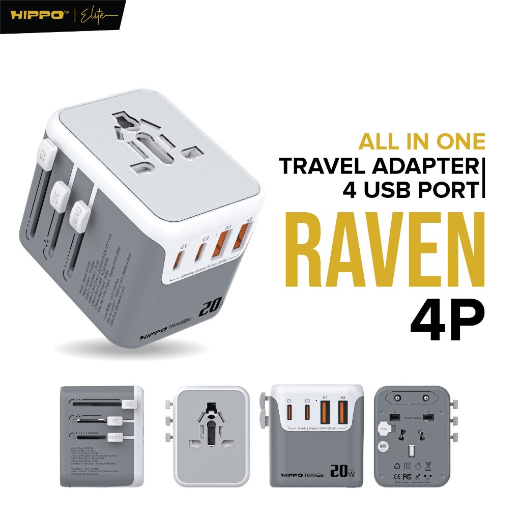 Hippo Travel ADAPTOR RAVEN 4P 20W 4 Port EU UK US AUS USB A C