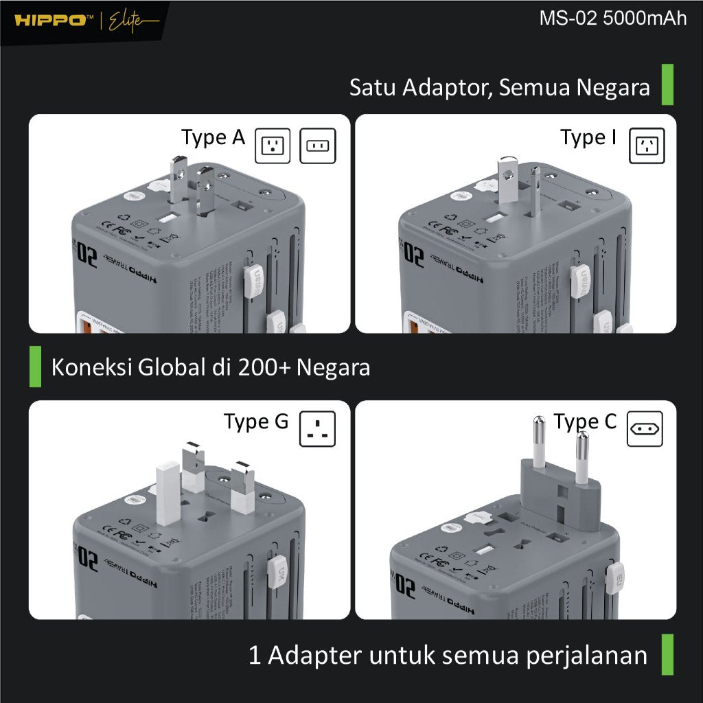 Hippo Travel ADAPTOR RAVEN 4P 20W 4 Port EU UK US AUS USB A C 3