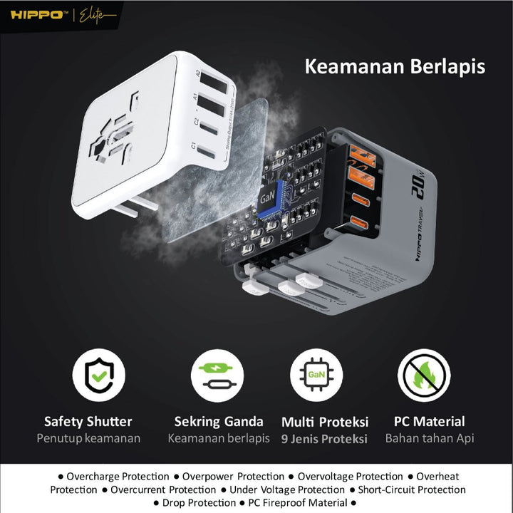 Hippo Travel ADAPTOR RAVEN 4P 20W 4 Port EU UK US AUS USB A C 5