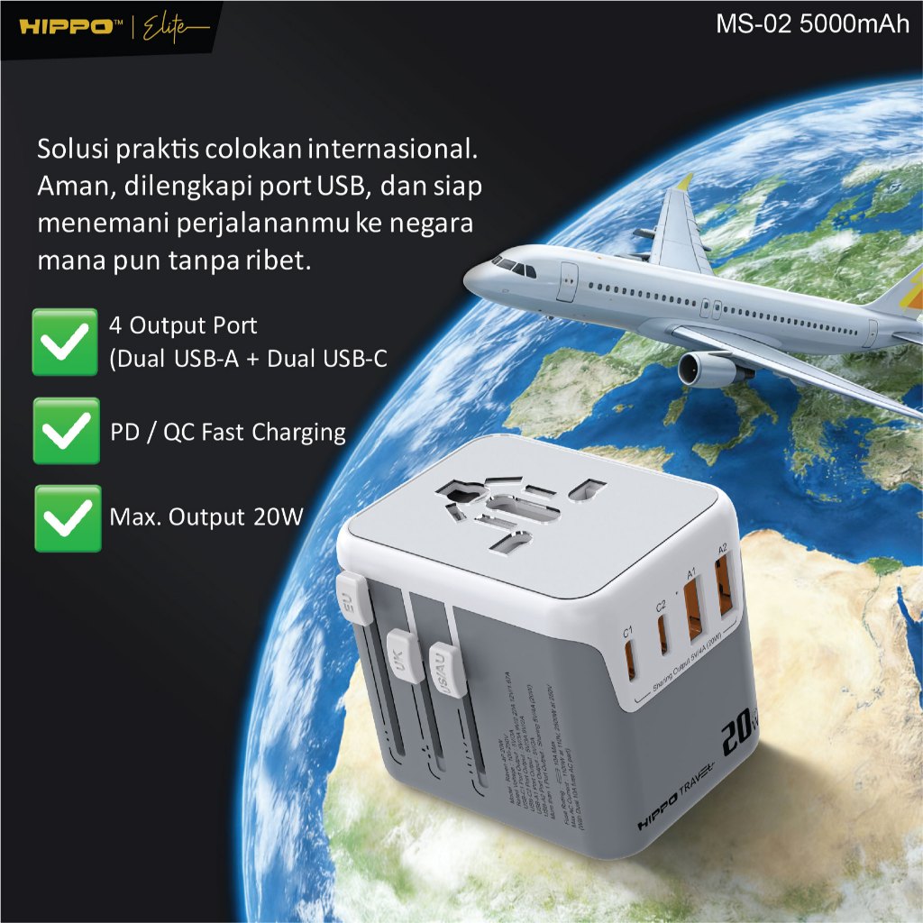 Hippo Travel ADAPTOR RAVEN 4P 20W 4 Port EU UK US AUS USB A C 2