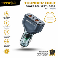 Hippo Elite Car Charger Thunderbolt Total Output 120W 4 Ports PD + QC 3.0 CHARGER CASAN MOBIL POWER DELIVERY SUPER FAST