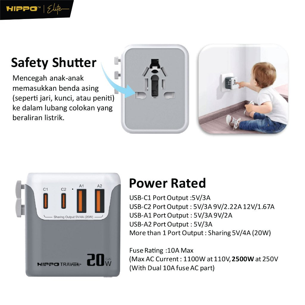 Hippo Travel ADAPTOR RAVEN 4P 20W 4 Port EU UK US AUS USB A C 9