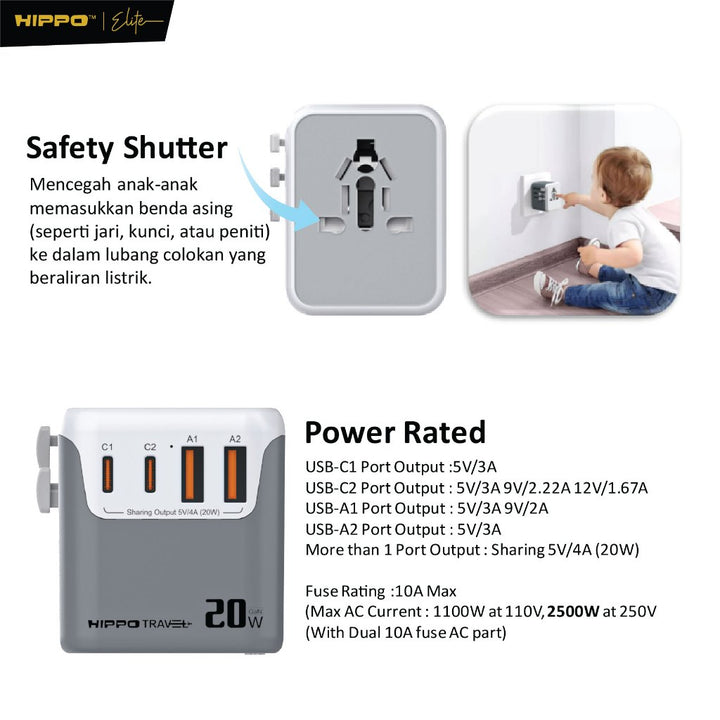 Hippo Travel ADAPTOR RAVEN 4P 20W 4 Port EU UK US AUS USB A C 9