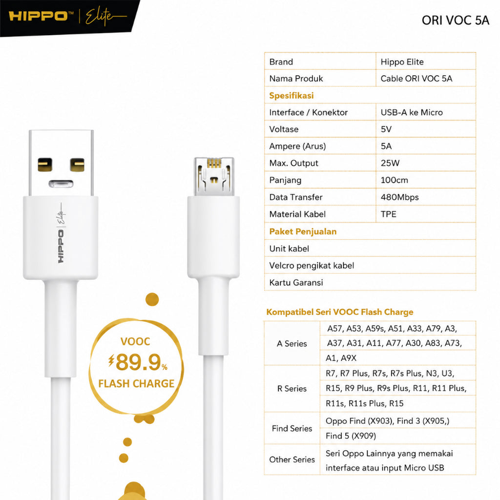 Hippo Elite Kabel ORI - SVC Micro 5A Max OPPO Super VOOC Cable Max Output 25W 9