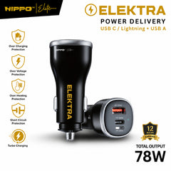 Hippo Elite Car Charger Elektra PD Lightning USB A 3 Port Max 78W