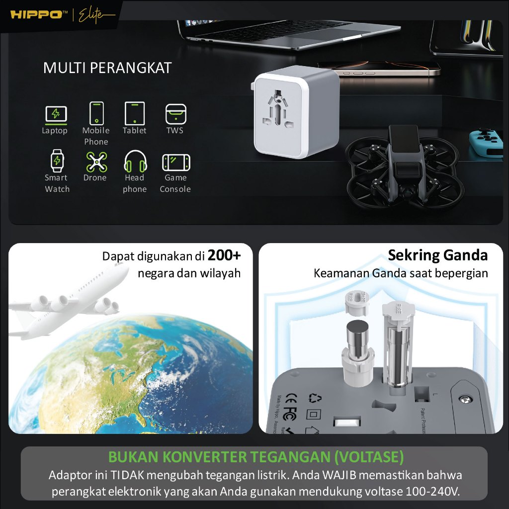 Hippo Travel ADAPTOR RAVEN 4P 20W 4 Port EU UK US AUS USB A C 7