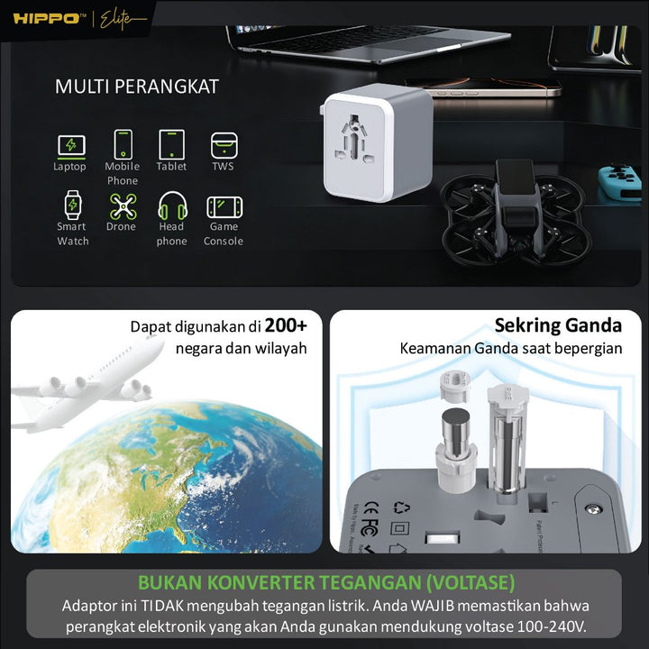 Hippo Travel ADAPTOR RAVEN 4P 20W 4 Port EU UK US AUS USB A C 7