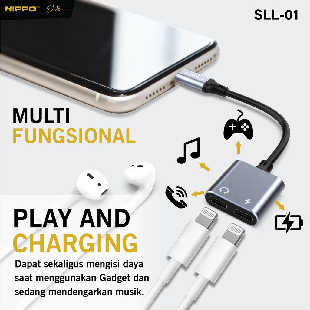HIPPO Kabel SPLITTER SLL-01 2in1 Lightning to Lightning + Lightning Coverter PUBG Charger+ Headset Open Mic iP 4