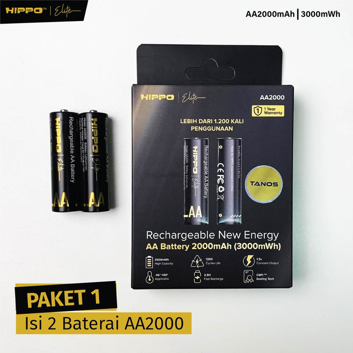 HIPPO TANOS BATERAI ISI ULANG AA 1.5V 2000 MAH LI-ION NEW ENERGY RECHARGABLE GARANSI RESMI BATERAI ONLY ( AA 2 PCS )