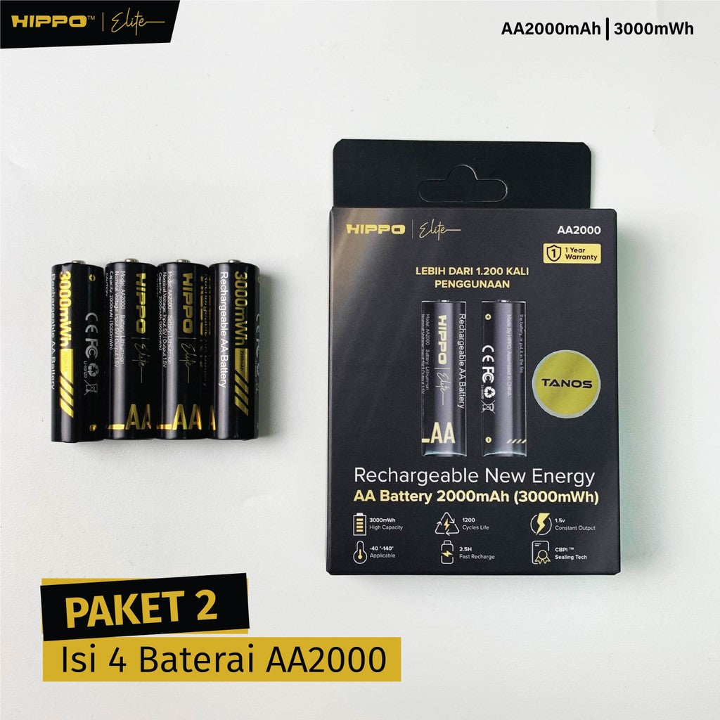 HIPPO TANOS BATERAI ONLY (AA 4 PCS) BATERAI ISI ULANG AA 1.5V 2000 MAH LI-ION NEW ENERGY RECHARGABLE GARANSI RESMI