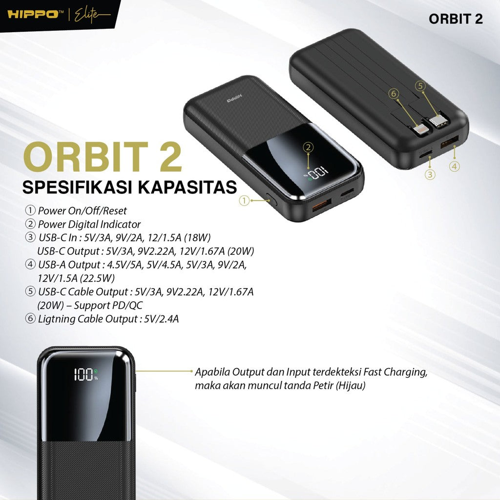 Hippo Powerbank Orbit2 10.000 Mah Pd 22.5W Type C Lightning Fast Charging Power Delivery Mini Size With Led In 4
