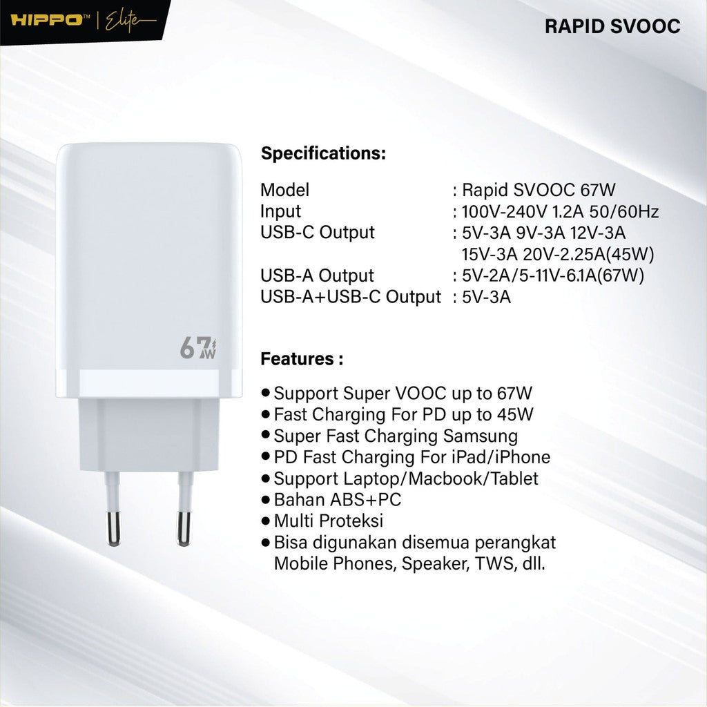 Hippo Elite Rapid Svooc 67W Adaptor  Oppo Realme Super Vooc 2Port Usb A C Kepala Charger Casan Adapter Fast Ch 8