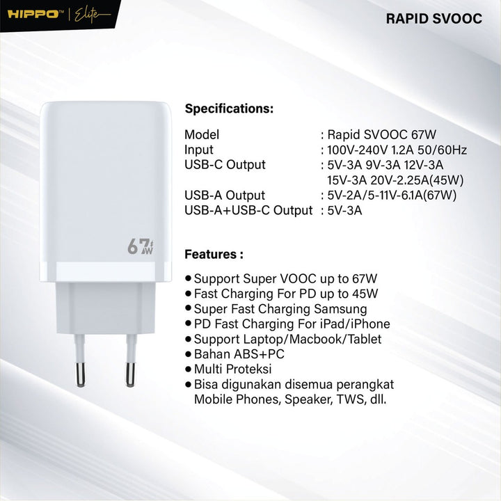 Hippo Elite Rapid Svooc 67W Adaptor  Oppo Realme Super Vooc 2Port Usb A C Kepala Charger Casan Adapter Fast Ch 8