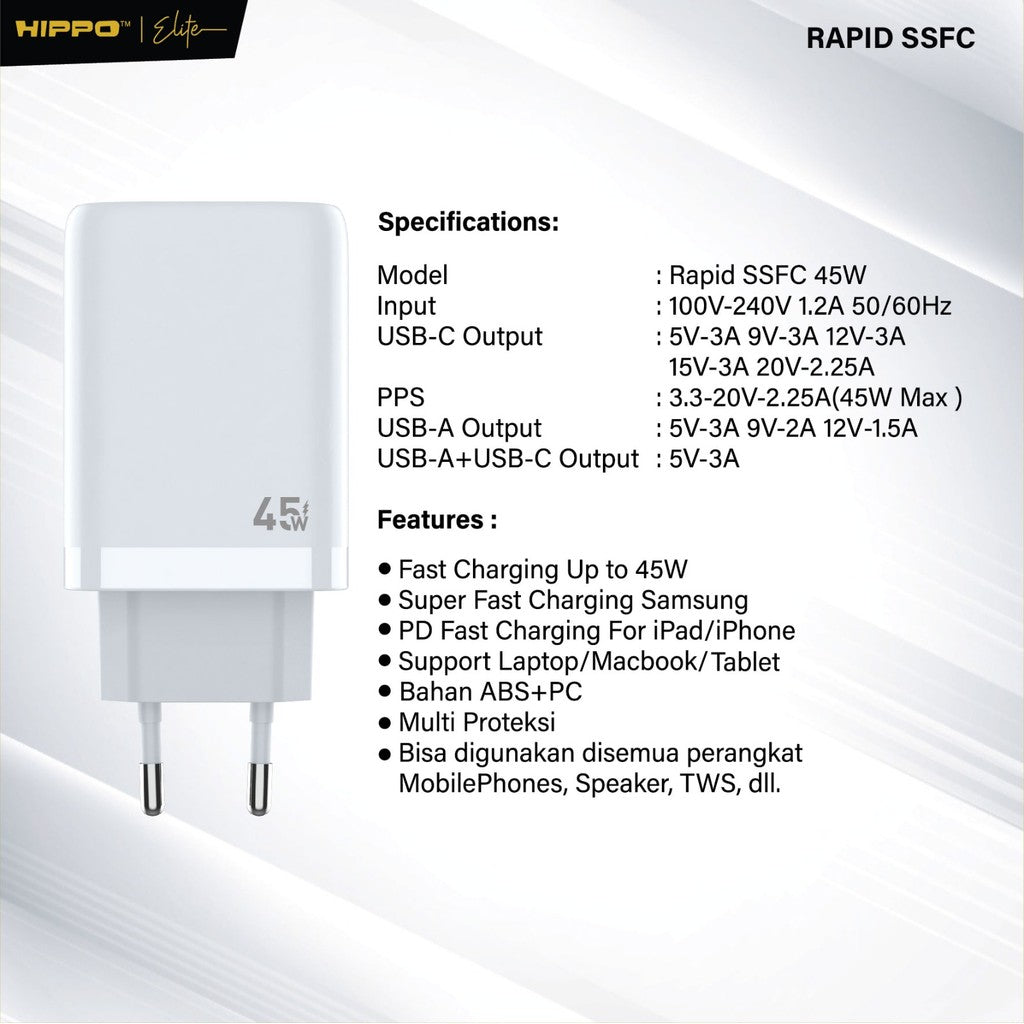 Hippo Elite Rapid SSFC 45W Adaptor Samsung Super Fast Charging  2 Port Usb A C Kepala Charger Casan Adapter Fa 9