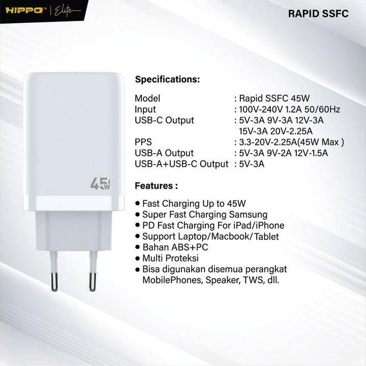 Hippo Elite Rapid SSFC 45W Adaptor Samsung Super Fast Charging  2 Port Usb A C Kepala Charger Casan Adapter Fa 9