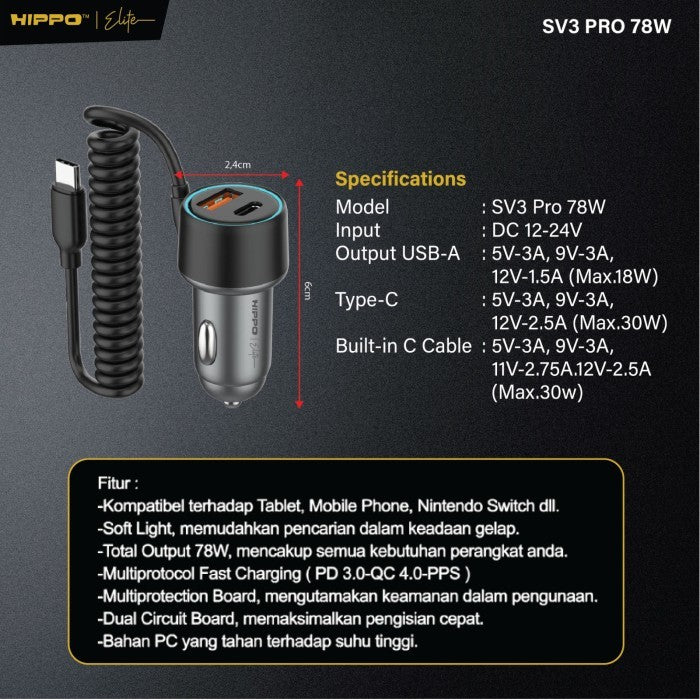 Hippo Elite SV3 Pro Car Charger Pd 78W 2 Port Built In Cable Charger Casan Mobil Power Delivery Super Fast Cha 8