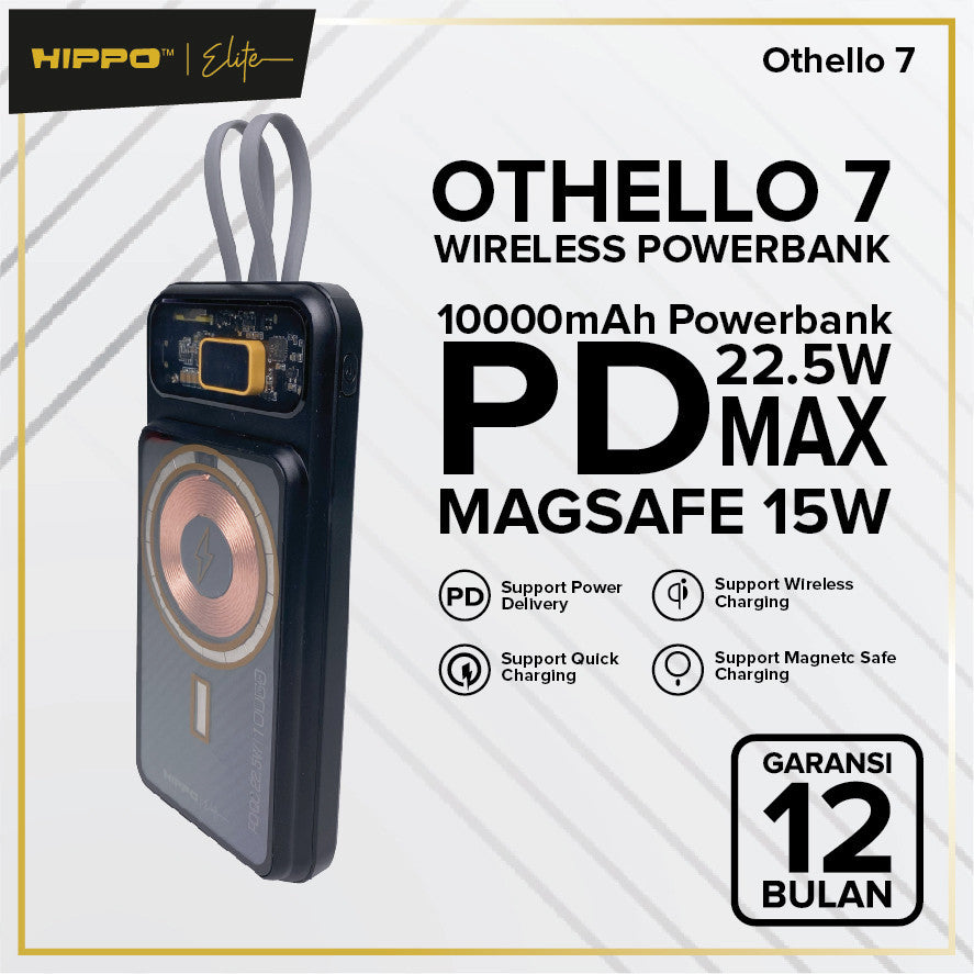 Hippo Elite Powerbank Othello 7 10000mAh 22.5W Magnetic Wireless Magsafe Power Delivery PD Built-In Cables Typ 2