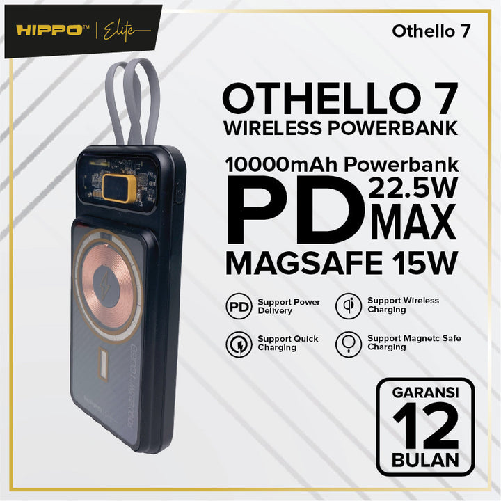 Hippo Elite Powerbank Othello 7 10000mAh 22.5W Magnetic Wireless Magsafe Power Delivery PD Built-In Cables Typ 2
