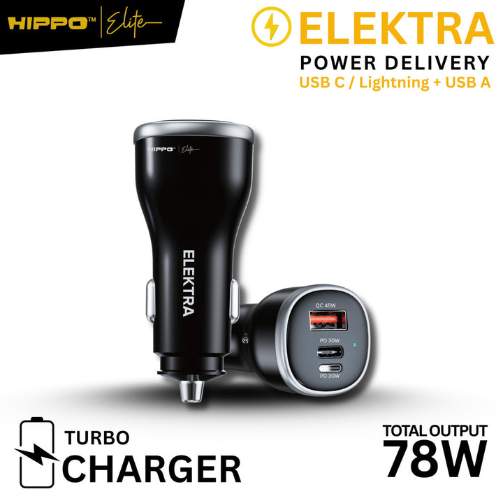 Hippo Elite Car Charger Elektra PD Lightning USB A 3 Port Max 78W 9