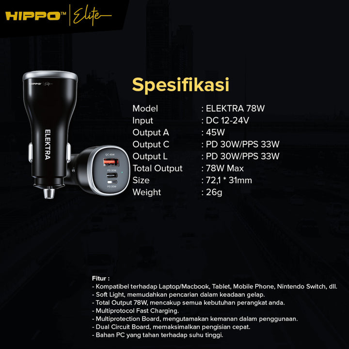 Hippo Elite Car Charger Elektra PD Lightning USB A 3 Port Max 78W 6