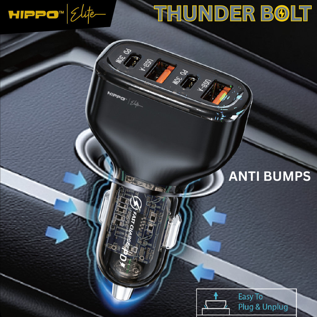 Hippo Elite Car Charger Thunderbolt Total Output 120W 4 Ports PD + QC 3.0 CHARGER CASAN MOBIL POWER DELIVERY S 3