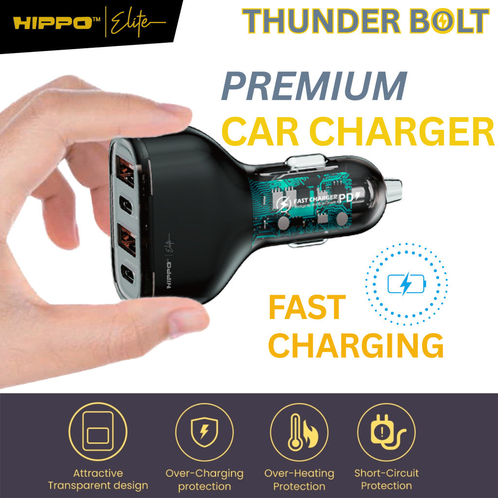 Hippo Elite Car Charger Thunderbolt Total Output 120W 4 Ports PD + QC 3.0 CHARGER CASAN MOBIL POWER DELIVERY S 4