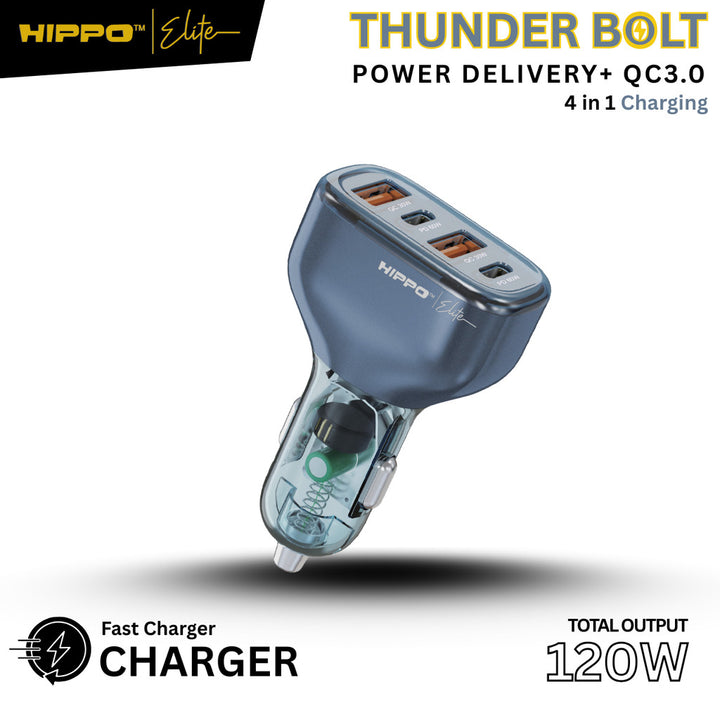 Hippo Elite Car Charger Thunderbolt Total Output 120W 4 Ports PD + QC 3.0 CHARGER CASAN MOBIL POWER DELIVERY S 7