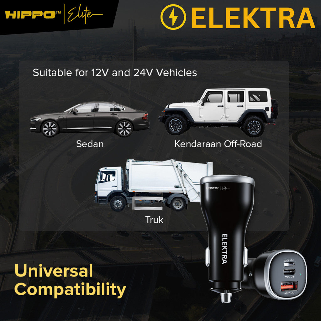Hippo Elite Car Charger Elektra PD Lightning USB A 3 Port Max 78W 4