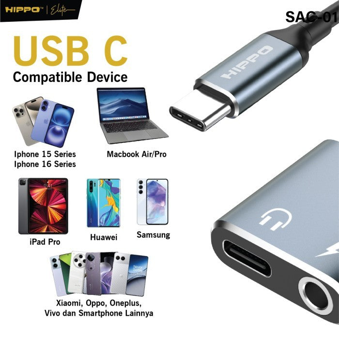 Hippo Kabel SPLITTER SAC-01 Type C to DC Aux 3.5mm Audio PD 60W Support Open Mic Fast Charging Converter 2 in  2