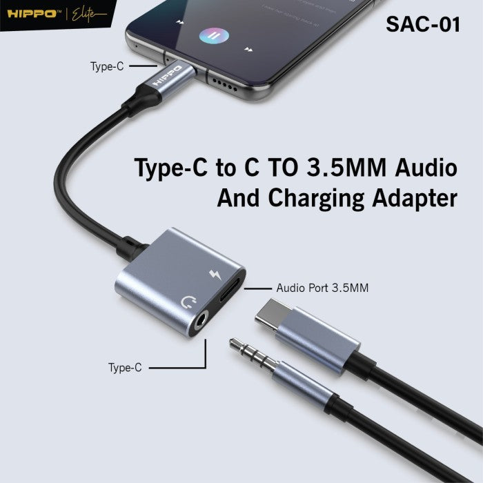 Hippo Kabel SPLITTER SAC-01 Type C to DC Aux 3.5mm Audio PD 60W Support Open Mic Fast Charging Converter 2 in  7