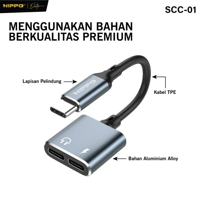 HIPPO Kabel SPLITTER SCC-01 Type C to Dual Type C Audio PD 60W Support Open Mic Fast Charging Converter 2 in 1 3