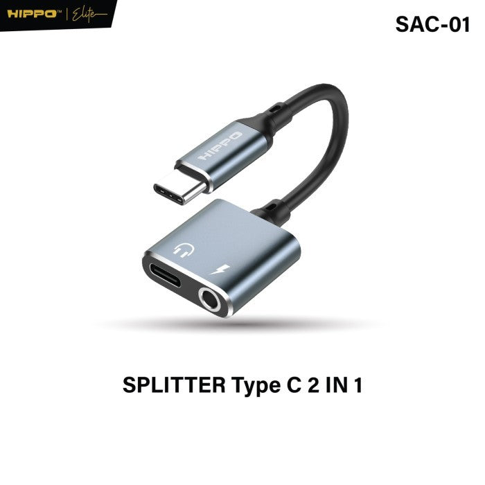 Hippo Kabel SPLITTER SAC-01 Type C to DC Aux 3.5mm Audio PD 60W Support Open Mic Fast Charging Converter 2 in 1 USB C iP