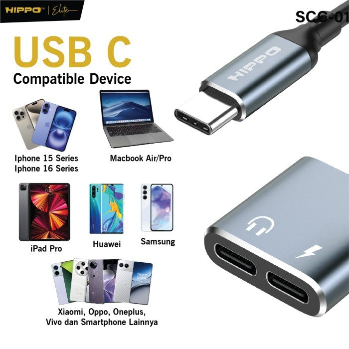 HIPPO Kabel SPLITTER SCC-01 Type C to Dual Type C Audio PD 60W Support Open Mic Fast Charging Converter 2 in 1 7