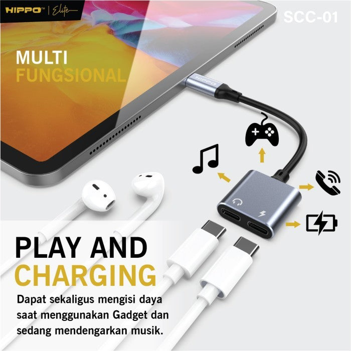 HIPPO Kabel SPLITTER SCC-01 Type C to Dual Type C Audio PD 60W Support Open Mic Fast Charging Converter 2 in 1 5