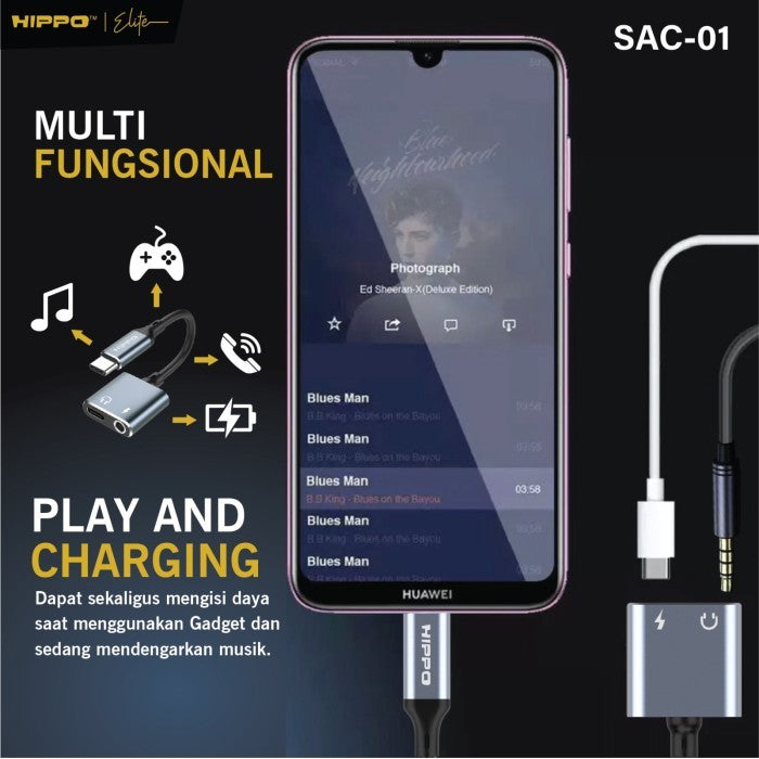 Hippo Kabel SPLITTER SAC-01 Type C to DC Aux 3.5mm Audio PD 60W Support Open Mic Fast Charging Converter 2 in  4