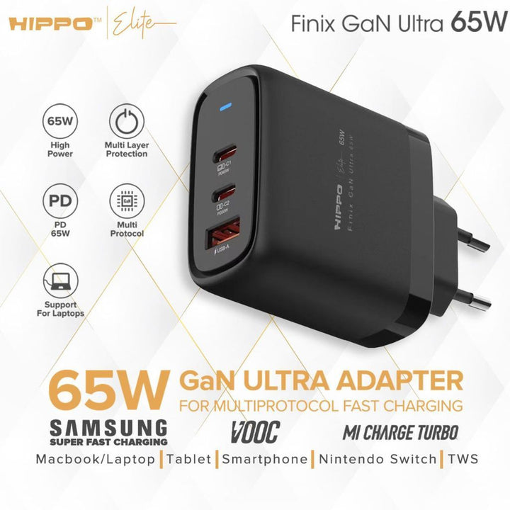 Hippo Adaptor Finix GaN Ultra 65W Original 3 Output 2 Type-C 1 USB-A Support All Phone &amp; Laptop Garansi 12 Bul 3