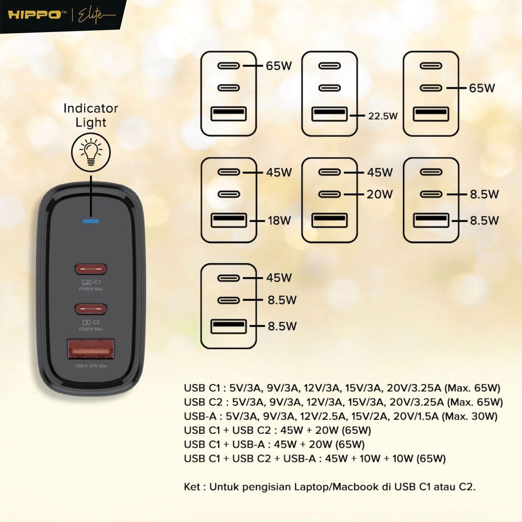 Hippo Adaptor Finix GaN Ultra 65W Original 3 Output 2 Type-C 1 USB-A Support All Phone &amp; Laptop Garansi 12 Bul 6